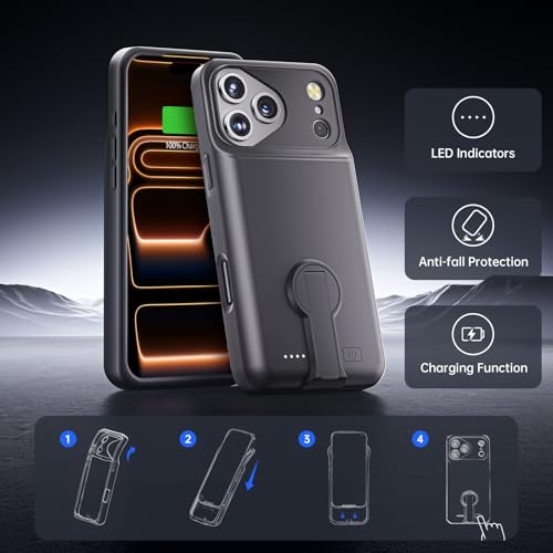 GIN FOXI for iPhone 17 Pro Max Battery Case with Stand, Charging Case Charger 8500mAh Ultra-Slim Lightweight Powerful Battery Pack 15W Fast Rechargeable Anti-Fall TPU Juice Box (6.9") Black