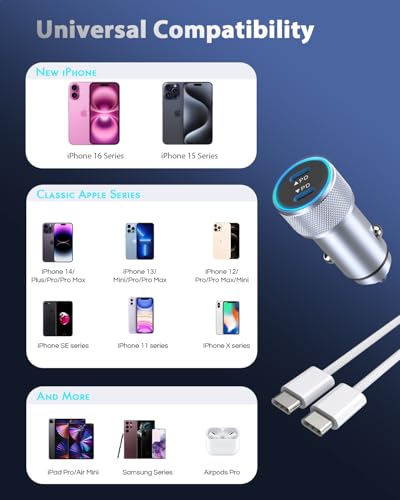 iPhone 17 Car Charger,USB C Fast Car Charger Adapter 2Pack Dual USB C Port - color: Silver 6FT