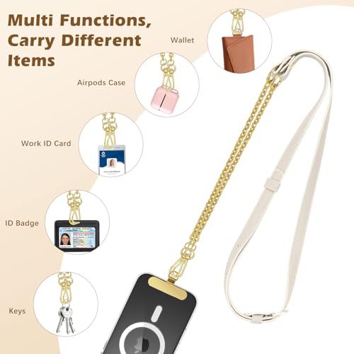 MoKo Universal Phone Crossbody Lanyard Phone Chain, Anti-Theft Adjustable Cellphone Cross Body Neck Strap & iPhone Wrist Strap with 2×Metal Tether Tabs for iPhone 17, Most Smartphones, White & Gold - color: White & Gold