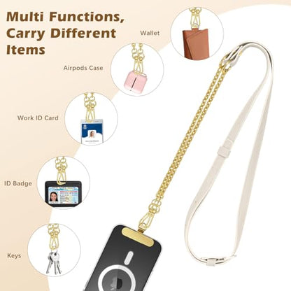 MoKo Universal Phone Crossbody Lanyard Phone Chain, Anti-Theft Adjustable Cellphone Cross Body Neck Strap & iPhone Wrist Strap with 2×Metal Tether Tabs for iPhone 17, Most Smartphones, White & Gold - color: White & Gold