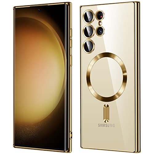 For Samsung Galaxy S23 Ultra Case（only）, Covers for s23u .Magnetic Metallic Glossy Slim Clear Luxury Soft Shockproof funda capa para for Galaxy S23 Ultra 6.8 inch.Compatible with MagSafe (Gold) - color: Gold