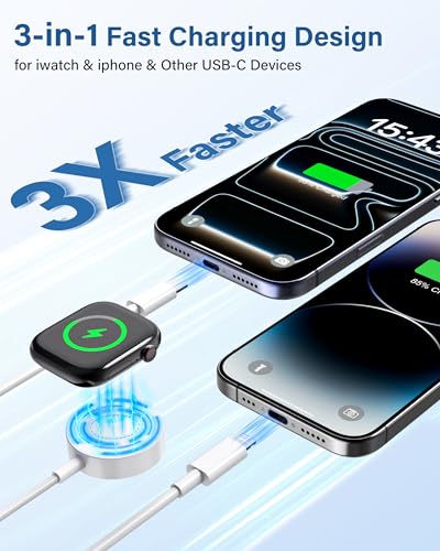 [2026 New] 3 in 1 Fast Charge Cord, USB-C 60W & Lightning 27W with Magnetic Wireless Watch Charger, 6FT White TPE Multi Charging Cable for iPhone 17/16/15/14/13/12/11 & iWatch Series 11-1/Ultra/SE