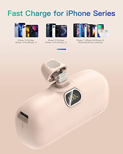 Kuulaa Portable Charger for iPhone 14/13/12/11 Mini 5000mAh Built-in Lightning Plug Power Bank with LED Display, Fast Charging USB-C Input, Compact Travel Battery Pack, Pink - color: Pink