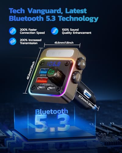 Nulaxy 54W Bluetooth 5.3 Car Adapter, FM Transmitter 4-Port Fast Charging - color: Gold