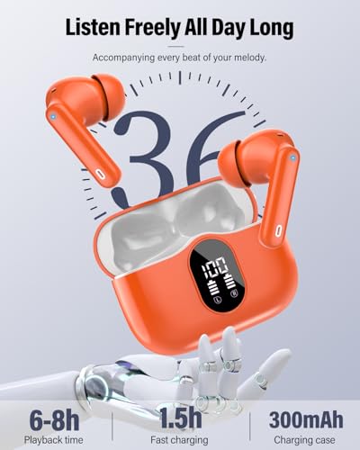 Wireless Earbuds, Bluetooth 5.4 Headphones Bass Stereo/Clear Calls, Orange - color: Orange