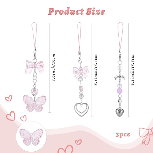 Pink Beaded Phone Wrist Straps, Y2K Phone Case Charms Camera Charm Strap, Lanyard Keychain Wristlet Aesthetic Cellphone Charm - style: 3 Pink Butterfly Metal Heart