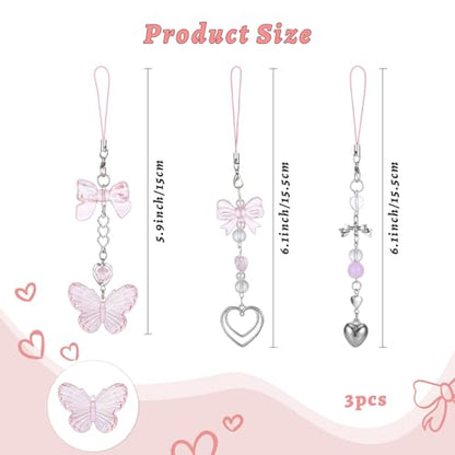 Pink Beaded Phone Wrist Straps, Y2K Phone Case Charms Camera Charm Strap, Lanyard Keychain Wristlet Aesthetic Cellphone Charm - style: 3 Pink Butterfly Metal Heart