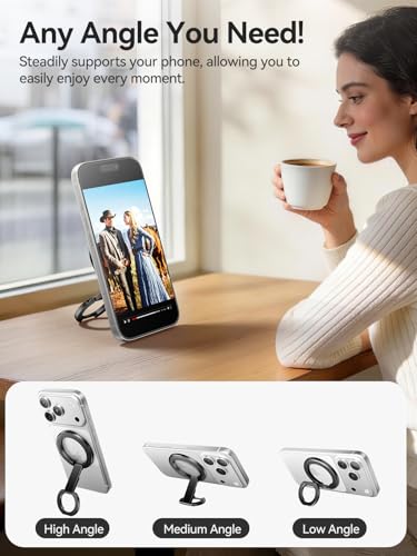 tounee Double-Sided Magnetic Phone Ring Holder Compatible with MagSafe, N52 Strong Magnet Grip & Foldable Kickstand for Gym Rack, Fridge, Fits iPhone 17 16 15 14 Pro Max (Black) - color: Black