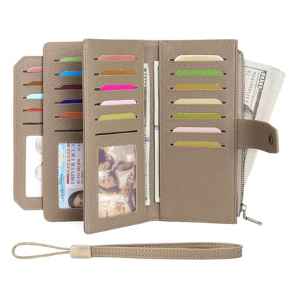 GAEKEAO Womens Wallet RFID Blocking Large Capacity Vegan Leather Card Holder Wristlet Clutch with 32 Card Slots 4 ID Windows - color: X06-Khaki