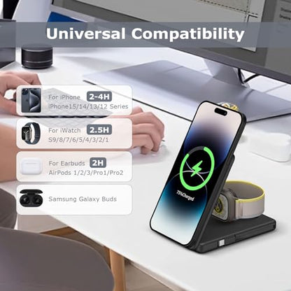 Wireless Charging Station Compatible for Phone: 3 in 1 Charger Stand for Phone 17/16/15/14/13/12 Series and Watch - Foldable USB C Magnetic Stand
