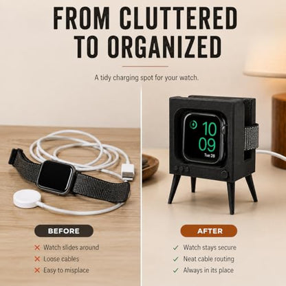 SplashNColor Charging Stand Compatible with Apple Watch Series 5 44mm – Retro TV Dock | Cable Management Holder | Nightstand Desk Cradle for Smartwatch Charging