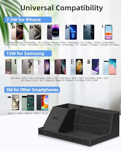 Wireless Charger with Desk Organizer, Fast Charging Station - color: Black-PU leather