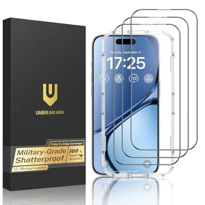 UNBREAKcable 3-Pack Screen Protector for iPhone 15, Double Shatterproof Tempered Glass [Easy Installation Frame] [99.99% HD Clear] [9H Hardness] [Full Coverage] [Case Friendly] for Apple 15 6.1 inch - size: iPhone 15