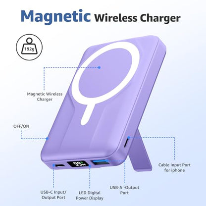 Azmuth for MagSafe Portable Charger, 10000mAh Magnetic Power Bank 20W PD | Fast Charging,Wireless Battery Pack with LED Display & Stand,Travel Essentials,for iPhone 17/16/15/14/13/12 Series - color: Purple