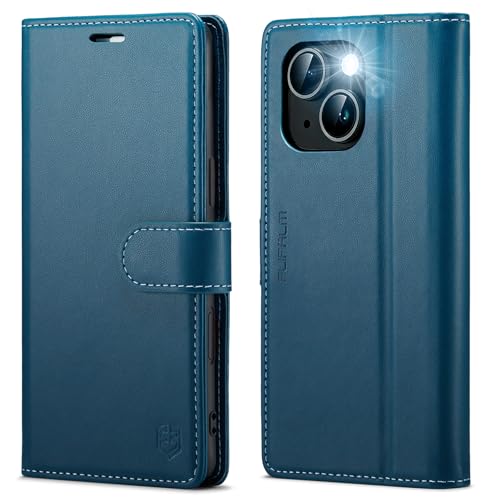 FLIPALM Card Holder Wallet Case for iPhone 15 6.1", Blue | RFID Blocking, PU Leather Folio Flip, Kickstand, Protective Shockproof Cover - color: Blue, size: iPhone 15-6.1"