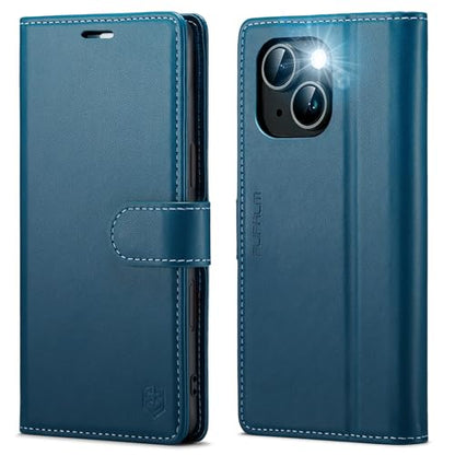 FLIPALM Card Holder Wallet Case for iPhone 15 Plus 6.7", Blue | RFID Blocking, PU Leather Folio Flip, Kickstand, Protective Shockproof Cover - color: Blue, size: iPhone 15 Plus - 6.7"