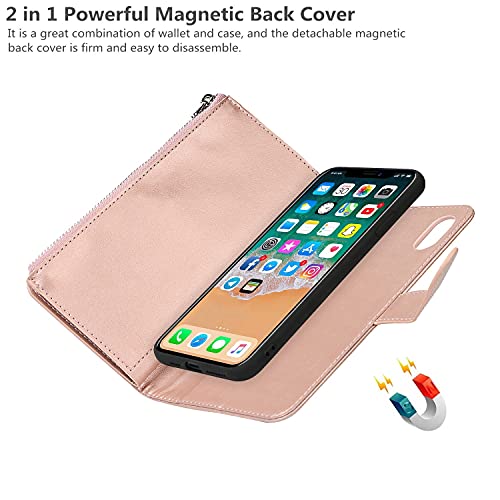 iCoverCase for iPhone X/XS Wallet Case with Card Holder and Wrist Strap, PU Leather Kickstand Card Slots Zipper Pocket Magnetic [Detachable] Flip Cover Case 5.8 Inch (Rose Gold) - color: Rose Gold