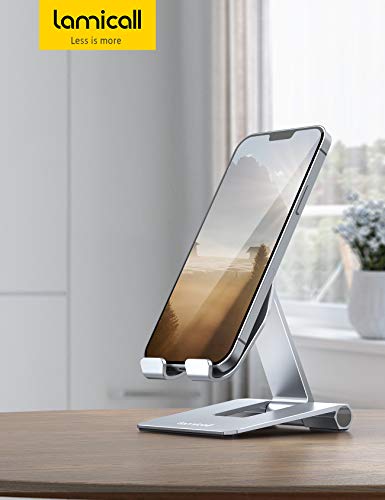 Lamicall Aluminum Metal Adjustable Cell Phone Stand Desk - Heavy Duty Foldable Desktop Phone Holder, for iPhone 17 16 15 14, Plus, Pro, Pro Max, 13 12 Plus, Galaxy S26 25, 4-11'' Sliver - color: Light grey