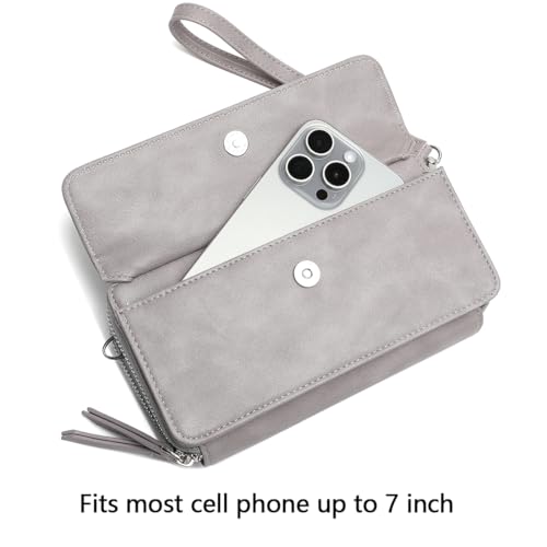 RFID Crossbody Wallet Wristlet Purse with Phone Pocket For Women Vegan Leather - color: B-grey