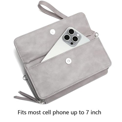 RFID Crossbody Wallet Wristlet Purse with Phone Pocket For Women Vegan Leather - color: B-grey