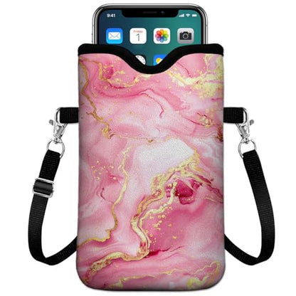 Universal Phone Sleeve Pouch with Crossbody Strap 7.6 X 4.3 Inches Shockproof Water Resistant Mobile Protection Bag-Pink Neoprene Phone Pouch Bag - color: Marble-Pink-Phone Pouch