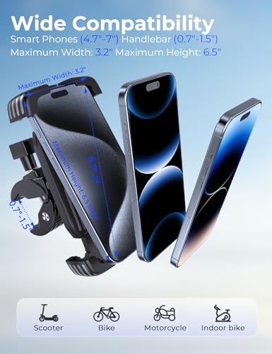 Bike Phone Holder Mount, Motorcycle Phone Mount, 360° Adjustable Phone Holde Mount for Bike and Motorcycle, Shockproof & Anti-Shake Design, Fits 4.7–7” Smartphones (Black)