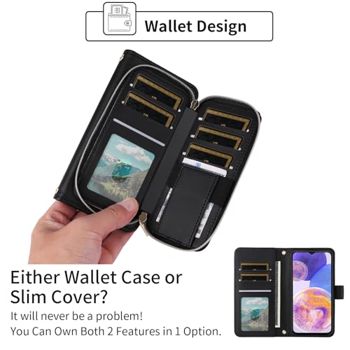 Wallet Case for Samsung Galaxy A23 5G/4G with Detachable Wrist Strap, 9+ Card Slots Zipper Purse, Luxury PU Leather Stand Full Body Accessories Cell Phone Cover for A 23 23A 6.6 Women Black | Girls, Wrist/Shoulder Strap, 9+ Card Slots, Purse, Luxury PU Le
