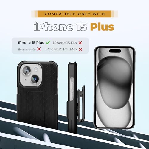 MOTIVE for iPhone 15 Plus Case with Belt Clip, Rigid, Kickstand | 6.7" | Ranger v1 Series, Black, 360° holster, open-top/open-bottom port access, textured grip, slim - size: iPhone 15 Plus