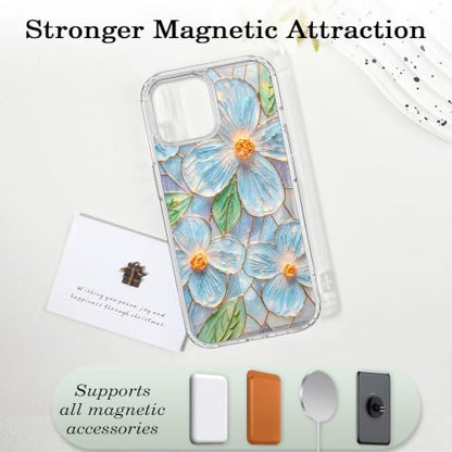 for iPhone 13 Mini 5.4" Magnetic Case【Compatible with MagSafe】 Aesthetic Oil Painting Stained Glass Flower Design, Slim Fit Hard PC Back Shockproof Cute Clear Phone Cover, Light Blue - color: Light Blue, size: iPhone 13 Mini