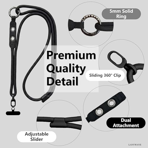 Adjustable Crossbody Phone Lanyard with Hanging Loops - color: Black