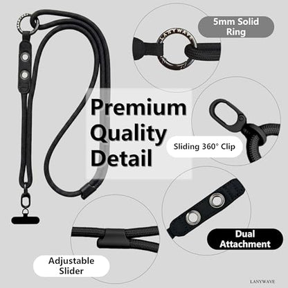 Adjustable Crossbody Phone Lanyard with Hanging Loops - color: Black