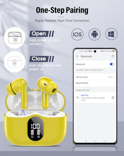 Wireless Earbuds, Bluetooth 5.4 Headphones Bass Stereo/Clear Calls, Yellow - color: Yellow