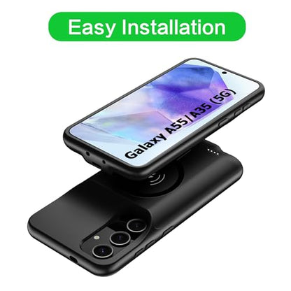 Battery Case for Galaxy A35/ A55, 12000mAh Rechargeable Portable Wireless Charging Case Compatible with Galaxy A35/ A55 5G (6.6 inch) with Carplay Extended Battery Pack Charger Power Case (Black) - size: Galaxy A35/A55