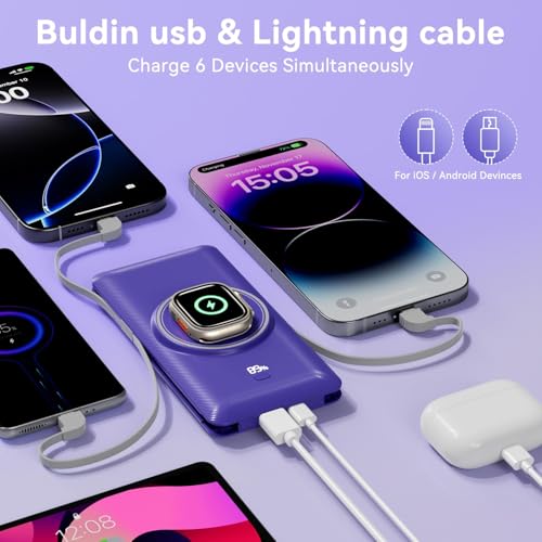 Magnetic 10000mAh Portable Charger for iWatch & iPhone, PD Fast Charging Wireless Power Bank Built-in Cables and Wall Plug, External Travel Battery Pack Compatible with iOS Android Phones - color: Dark Blue