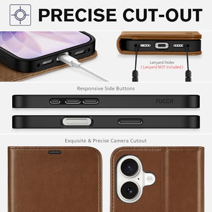 TUCCH Case Wallet for iPhone 17 (6.3") 2025, RFID Blocking Folio, Brown | 4 Card Holders, Kickstand, PU Leather, Magnetic Closure, Shockproof TPU Shell, Protective Flip Cover - color: Brown
