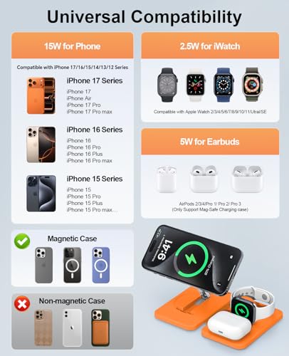 3 in 1 Magnetic Wireless Charger for Apple Multiple Devices, Foldable Fast Charging Station - Magsafe Charger Stand, Travel Charger Pad for iPhone 17 16 15 14 13 12 Series/Apple Watch/AirPods Orange - size: Orange