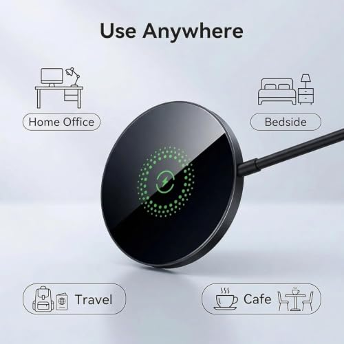 Magnetic Wireless Charger, 15W Fast Charging Pad, Ultra Slim Portable Charger with USB-C & USB-A Cable, Strong Magnetic Alignment Compatible with iPhone 17/16/15/14/13/12 Series (Black-G)