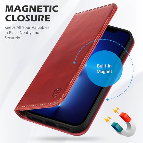 SHIELDON Genuine Leather Folio Wallet Case for iPhone 13 6.1", Retro Red | [RFID Blocking] Case Cover Card Slot Stand Function TPU Effective Protection Shockproof 2021 - color: Red - Retro