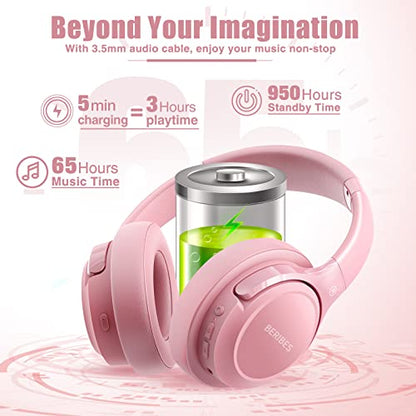 BERIBES Bluetooth Headphones Over Ear Wireless HiFi Stereo Headsets 65H 6EQ - color: Pink