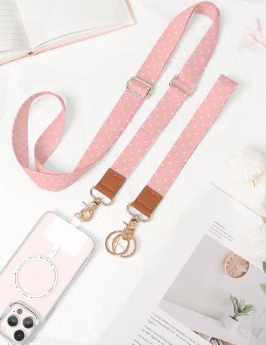 Phone Lanyard Crossbody Strap, Adjustable Neck Strap and Wristlet Strap for Phone Wallet ID Badge with 2 Phone Tabs - color: Pink White Dots