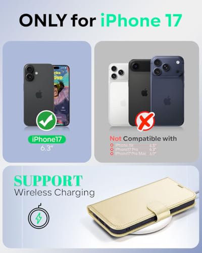 OCASE for iPhone 17 Wallet Case, Card Holder, Gold | RFID Blocking, Kickstand, Magnetic Closure, PU Leather Flip Folio, Shockproof TPU Shell, Protective Phone Cover (6.3") 2025 - color: Gold