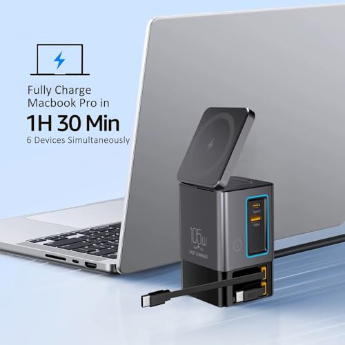 105W GaN Desktop Charging Station - 6 in 1 Fast Charger Block with Dual 65W Retractable Type C Cables, Magnetic Wireless Charging Stand for MacBook Pro/Air, iPhone17 16 15, iPad, Office Desk Organizer