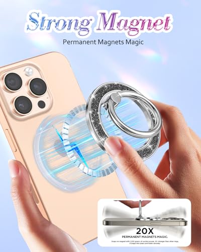 Phone Ring Holder Compatible with MagSafe - Magnetic Cell Phone Grip for Women Cute Magnet Removable Finger Ring Grip Stand Glitter Shine for iPhone 17 16 15 14 13 Pro Max Plus, Black - color: Black