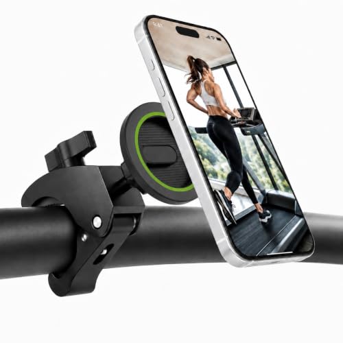 Heavy Duty Magnetic Phone Mount for Gym & Spin Bikes, N52 Clamp for Peloton/Treadmill/Stroller/Golf Cart, 360° Rotatable, Compatible with MagSafe iPhone 12-17 - color: green