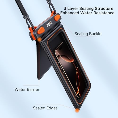 pzoz Waterproof Phone Pouch Universal Case Double Bag Easy Lock & Heavy Duty IPX8 for iPhone/Samsung/Airpods/Apple Watch/Cigarettes/lighters/Keys/Card Dry Protector Waterproof Storage Black-Orange