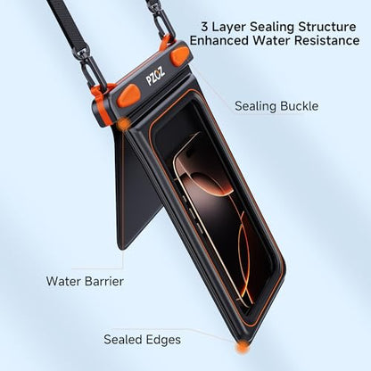 pzoz Waterproof Phone Pouch Universal Case Double Bag Easy Lock & Heavy Duty IPX8 for iPhone/Samsung/Airpods/Apple Watch/Cigarettes/lighters/Keys/Card Dry Protector Waterproof Storage Black-Orange