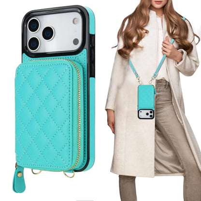 Bocasal Crossbody Wallet Case Card Holder for iPhone 17 Pro Max Mint Green | RFID Blocking PU Leather Zipper Handbag Purse, Kickstand Flip Folio Case with Card Slots Holder Wrist Strap Lanyard 6.9 Inch - color: Green