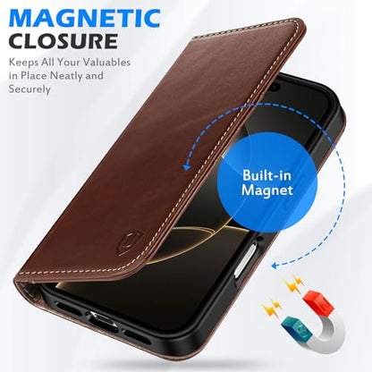 SHIELDON Genuine Leather Wallet Case for iPhone 16 Pro Max, Retro Coffee | Magnetic Closure, RFID Blocking, Credit Card Holder, Viewing Stand, Folio Design, Shockproof Protective Cover - color: Retro Coffee