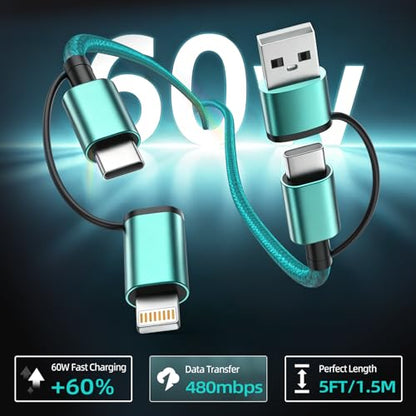 2 Pack 4 in 1 Multi Charging Cable 5FT, 60W USB C to USB C Charger Cord - color: Green