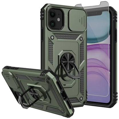 for iPhone 11 Case,with Screen Protectors and Camera Cover,[Military Grade] 16ft.Drop Tested Cover with Magnetic Kickstand Protective Case for iPhone 11 6.1 inch, Olive Green - color: Olive Green